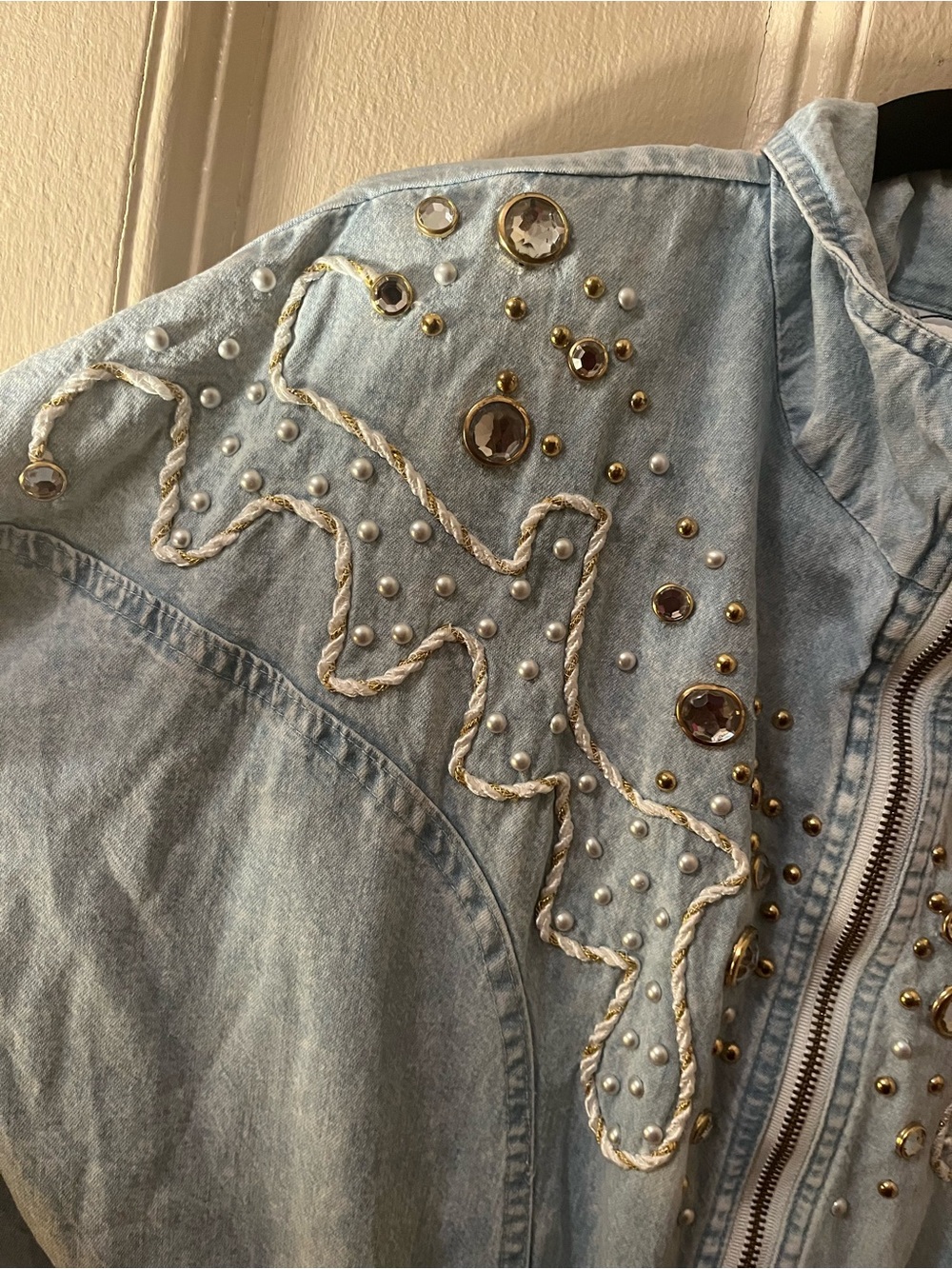 Vintage Light Wash Denim Jumpsuit with Pearl & Gold Gem Embellishments